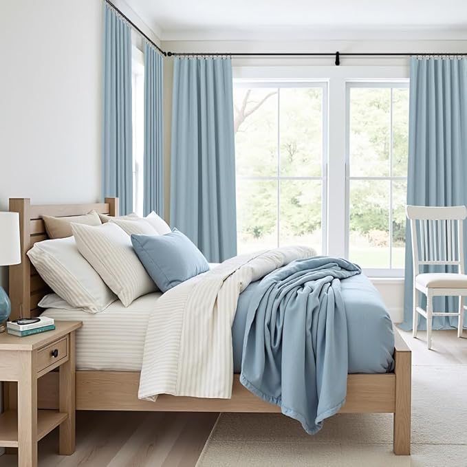 100% Blackout Curtains 90 Inches Long for Living Room 2 Panels Set Light Blocking Heat Darkening Energy Saving Curtain Window Coverings Coastal Beach Linen Farmhouse Drapes Bedroom Stone Blue Chambray