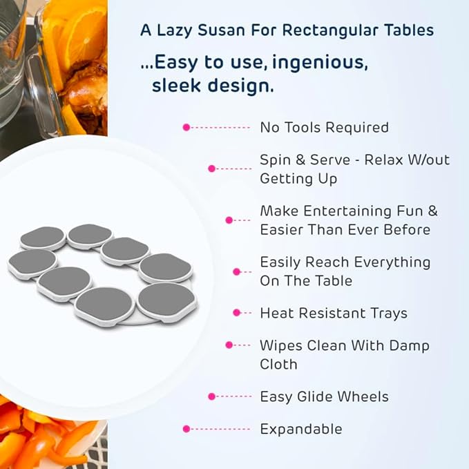 Full Set - Light Gray - The First Patented Lazy Susan Turntable Expandable for Rectangular & Oblong Tables - Kitchen & Dining Tables - Great Gift! Parties & Gatherings.