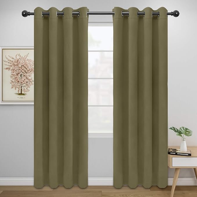 Easy-Going Blackout Curtains for Bedroom, Solid Thermal Insulated Grommet and Noise Reduction Window Drapes, Room Darkening Curtains for Living Room, 2 Panels (52x84 in,Khaki)