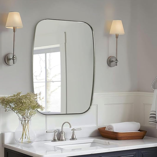 ANDY STAR Brushed Nickel Mirror, 28x36 Inch Stainless Steel Metal Frame Oblong Bathroom Mirror for Vanity, 1’’ Deep Wall Mounted Vertically/Horizontal