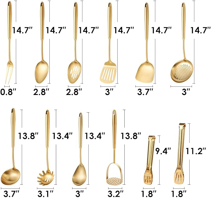 Gold Kitchen Utensils Set, 12 PCS Brass Matte Serving Utensils, 18/10 Stainless Steel All Metal Cooking Tools - Potato Masher, Tongs, Meat Fork, Spatula, Turner, Ladle, Skimmer, Spaghetti Spoon Set
