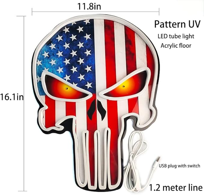 American Flag Skull Neon Sign – LED Wall Light for Game Room, Bar, Man Cave, Bedroom – USB or Battery Powered Acrylic Skull Decor for Halloween, Party, Retro Gaming Room