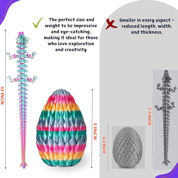 3PCS 3D Printed 12” Articulated Crystal Dragon Inside 5.1” Egg – Fantasy Collectible, Fidget Toy & Stocking Easter Basket Stuffers for Home & Office Decor (3pcs - Rainbow)
