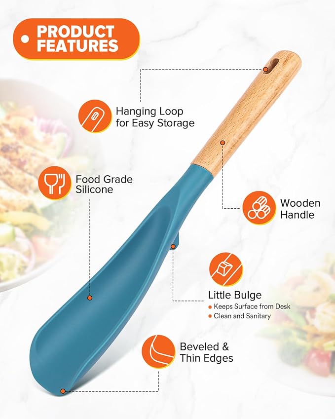Cooking Spoon and Scraper for Nonstick Cookwares, Great for Cooking and Serving Durable BPA-Free Matte Silicone, Wood Handle Multifunction Spoon for Mixing, Scoop, and Scrape (BLUE)