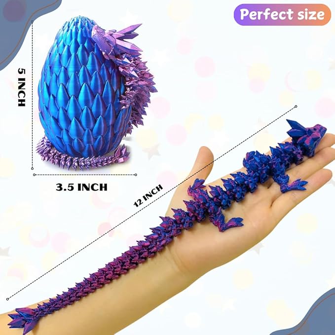 3D Printed 12” Articulated Crystal Dragon Inside 5.1” Egg – Fantasy Collectible, Fidget Toy & Stocking Easter Basket Stuffers for Home & Office Decor (Laser Purple)