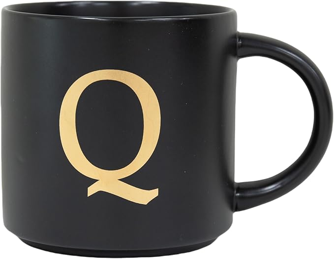COLLECTIVE HOME - Monogram Ceramic Mugs, 15 oz Golden Initial Black Coffee Cups, Elegant Alphabet Tea Mugs, Elegant Personalized Mug with Gift Box, Unique Mug with Double Side Capital Lette (Q)