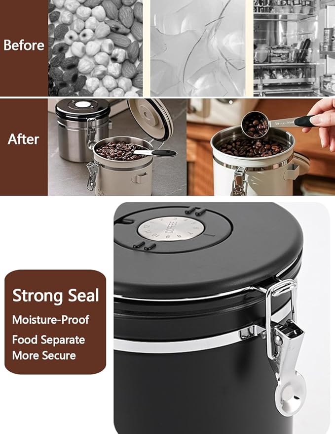 Coffee Canister Airtight Coffee Storage Container Stainless Steel Air Tight Coffee Jar with Scoop, Date Tracker and CO2 Release Valve for Beans, Ground, Tea, Flour, Cereal and Sugar (2pcs-Black-1.8L)