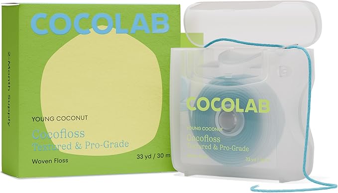 Cocolab Woven Dental Floss, Dentist-Designed Oral Care, Coconut Scent, Waxed, Expanding, Vegan, Kid-Friendly String Floss with Coconut Oil, 1 Spool (33 yd)