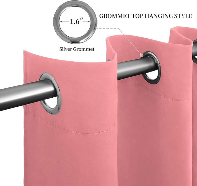 Easy-Going Blackout Curtains for Bedroom, Solid Thermal Insulated Grommet and Noise Reduction Window Drapes, Room Darkening Curtains for Living Room, 2 Panels (52x46 in,Pink)