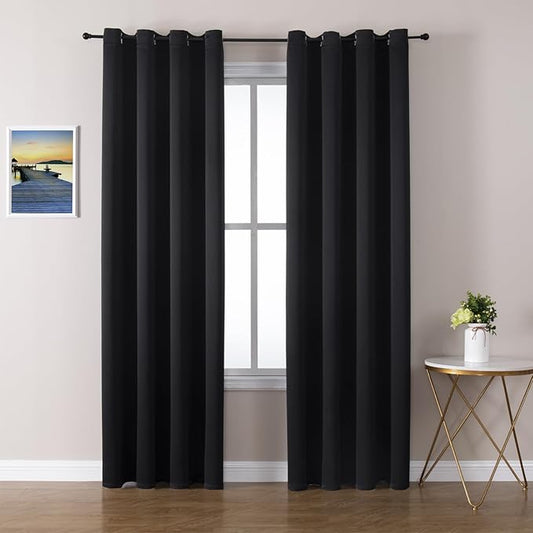 ChrisDowa Blackout Curtains 90 Inches Long 2 Panels Set for Living Room, Grommet Thermal Insulated Room Darkening Curtains for Bedroom (Black, 52 x 90 Inch)