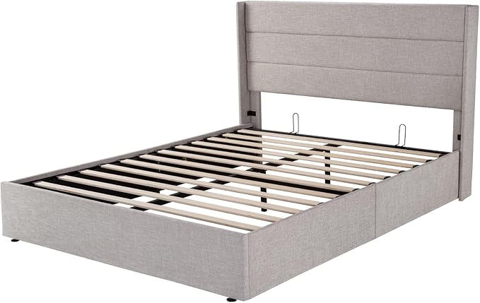 Allewie Full Size Lift Up Storage Bed, Modern Wingback Headboard, Hydraulic Support, No Box Spring Needed, Light Beige