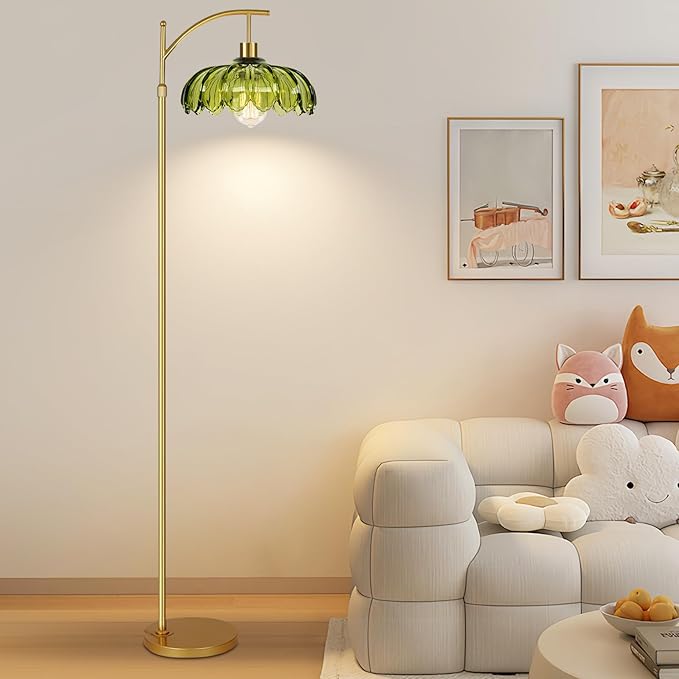 Gold Floor Lamps for Living Room Glass Vintage Floor Lamp with Remote Control,Dimmable Mid Century Modern Standing Lamp with 3 Color Temperature Tall Flower Lamp Brass Floor lamp for Bedroom Corner