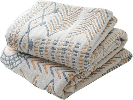 Boho Muslin Blanket for Adults 4-Layer Gauze 80 x 90 Inches Soft Cozy 100% Cotton Summer Cooling Blanket Geometric Stripe Decor for Sofa Bed Coverlet Both Sides (A Boho Stripe, 80 x 90 in)