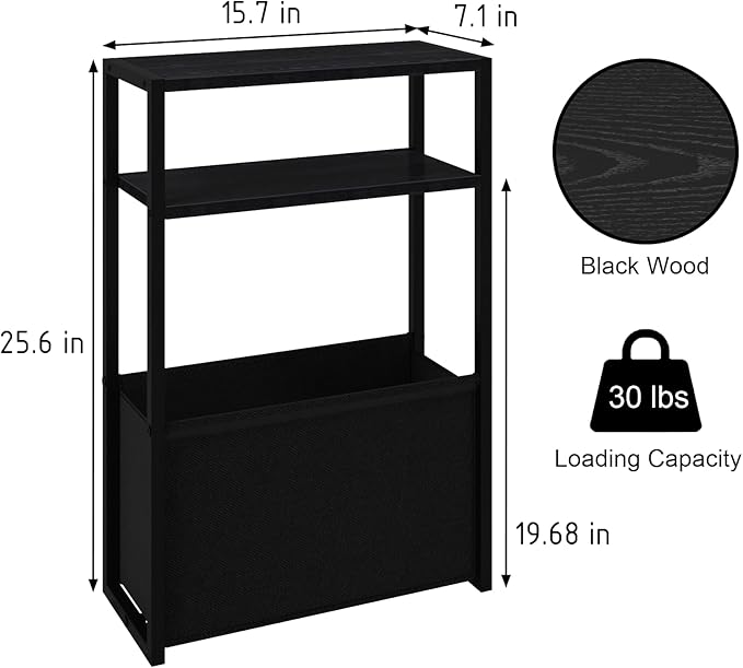 Black Side Table, Slim Side Table with Magazine Rack, Bathroom Table for Small Spaces, Narrow Bedside Table for Living Room, Bedroom