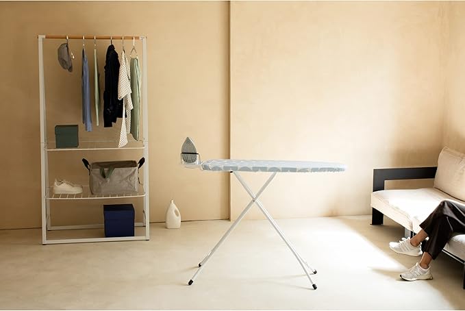 Brabantia Size A Compact Small Ironing Board (43x12 in) 7 Height Options, Adjustable Steam Iron Rest Holder (Fresh Breeze) Non-Slip Feet, Anti-Collapse Child Locks