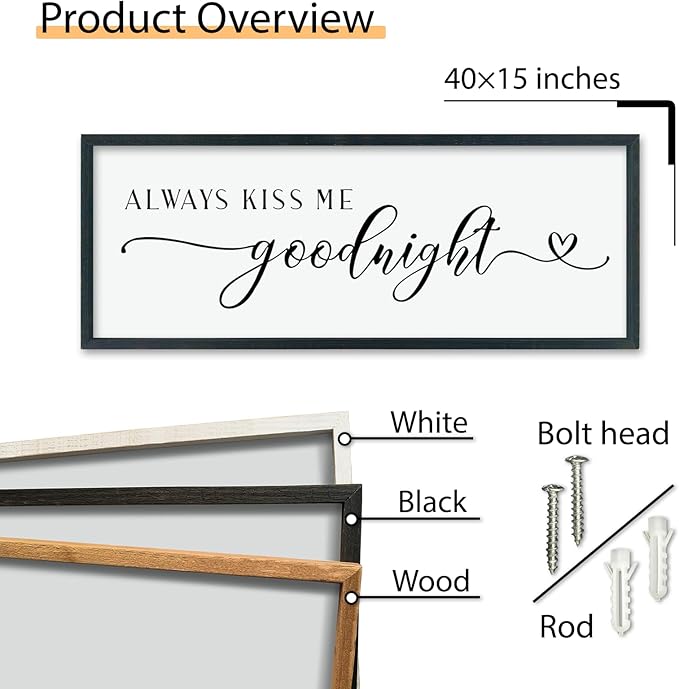 comurdyo Always Kiss Me Goodnight Sign for Bedroom Above bed Wall Decor 40''×15'' Large Wood Frame For Couples Over Bed Hanging Wall Art (Black)