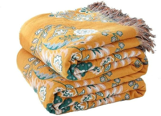 Boho Throw Blanket for Bed,100% Cotton Ultra Soft Lightweight Muslin 4-Layer Breathable Woven Throws 90''x 98'' Blanket Yellow Floral Printed Farmhouse Decor Bed Blankets