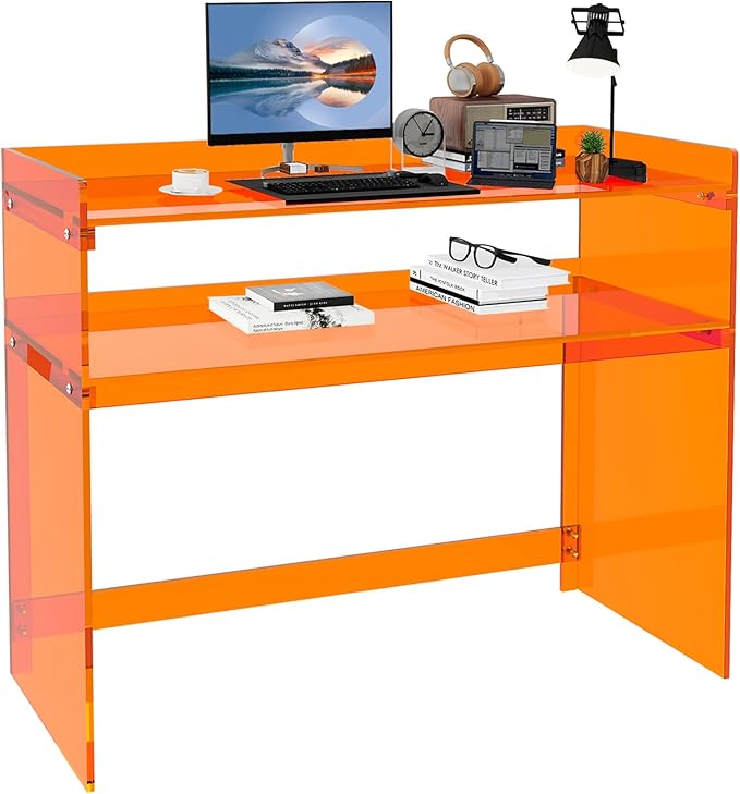 Acrylic Desk with Retaining Edge, Orange Acrylic Table, Console Table for Office, Study, Bedroom, Entrance Decor (17.7" D x 39.4" W x 31.5" H, Orange)