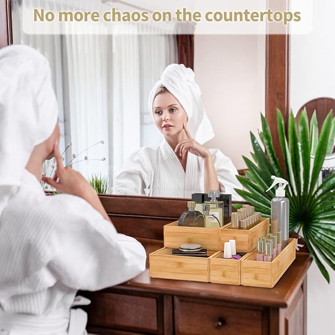 Bamboo Kitchen Drawer Organizer, Stackable Silverware Tray Utensil Organizer Cutlery Holder for Kitchen,Wooden Storage Box for Bathroom, Multi-Use Storage Bins Dividers for Office(12x3x2.5 inch）