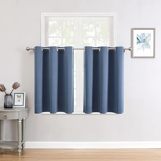 ChrisDowa Small Window Curtains for Kitchen and Bedroom - Grommet Short Thermal Insulated Room Darkening Curtains (2 Panels, Stone Blue, 34 x 36 Inch)