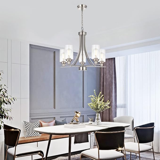 BONLICHT 5 Lights Traditional Chandelier Brushed Nickel Kitchen Island Dining Room Lighting Fixtures Hanging Seeded Glass Pendant Light Modern Flush Mount Ceiling Light for Living Room Bedroom Foyer