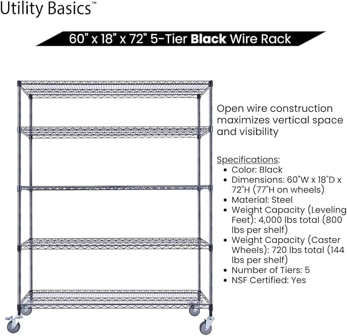 60"x18"x72" Black 5-Tier Premium Wire Shelving NSF 4000 LBS MAX Capacity Heavy Duty Steel Storage Rack for Warehouses, Garages, Hospitals, Commercial Spaces, & Schools w/Premium Wheels