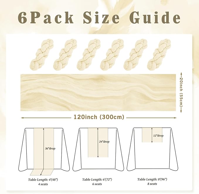 10FT 6 Pack Beige Cheesecloth Table Runner 20 x 120 Inch Long Rustic Gauze Fabric Cheese Cloth Table Runner for Wedding Bridal Baby Shower Table Decorations Boho Sheer Birthday Party Table Decor
