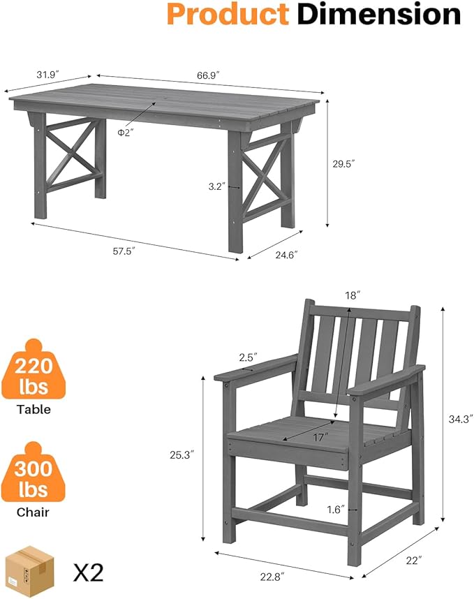 7 Pieces HDPE Outdoor Dining Set, Patio Dining Set with Umbrella Hole, All Weather Outdoor Dining Table Sets for 6, HDPE Patio Furniture Sets for Deck, Backyard, Lawn, and Poolside, Smoke Gray
