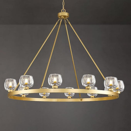 Gold Wagon Wheel Chandelier, 59 Inch Brass Chandeliers with Unique Glass Shade, 15-Light Crystal Large Wagon Wheel Chandeliers for Dining Room, High Ceiling Round Chandelier for Living Room, Foyer