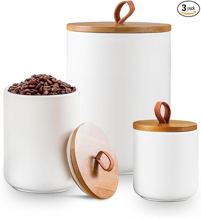 Ceramic Canister Set for Kitchen, 3pcs White Ceramic Kitchen Canisters for Countertop with Airtight Wood Lids, Large Flour and Sugar Containers for Coffee, Tea, Spice