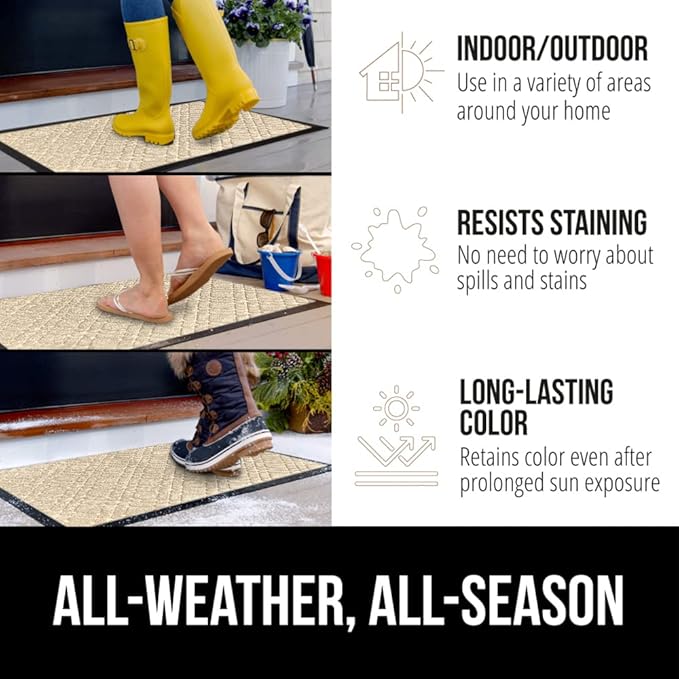 GORILLA GRIP 100% Waterproof All-Season WeatherMax Doormat US Designed Natural Rubber, Stain and Fade Resistant, Low Profile Indoor Outdoor Door Mats, Easy Clean Patio Mat, 17x29, Modern Latte