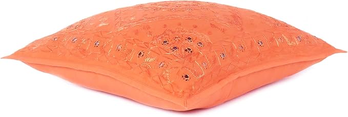 Eyes of India Embroidered Decorative Boho Throw Pillow Cover with Mirrors, Handmade Bohemian Accent Cushion Case for Sofa Couch Bedroom Living Room (Orange, 24" x 24")