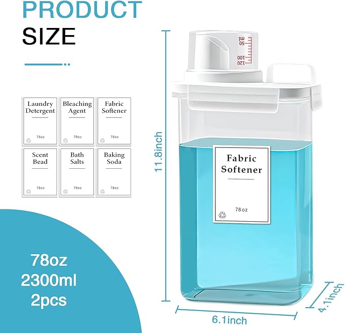 2 Pack Laundry Detergent Dispenser, 78oz Detergent Dispenser, Refluxable Laundry Detergent Container, Plastic Liquid Laundry Detergent Dispenser for Laundry Room Organization with 6 Labels