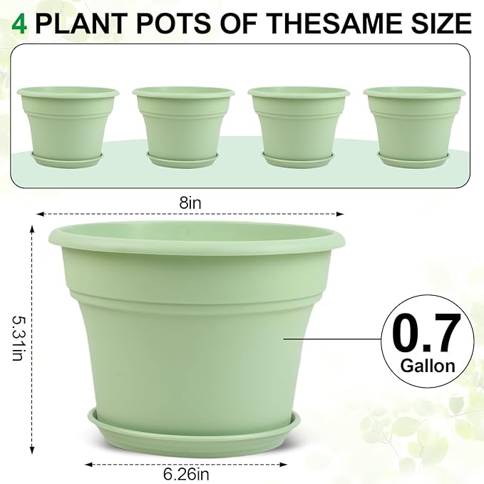 8 Inch Plastic-Flower Pot-for-Indoor Plants, 4 Pack Large Outdoor Planter Pot with Drainage Holes & Saucers, Resin Decorative Garden Pots Planters