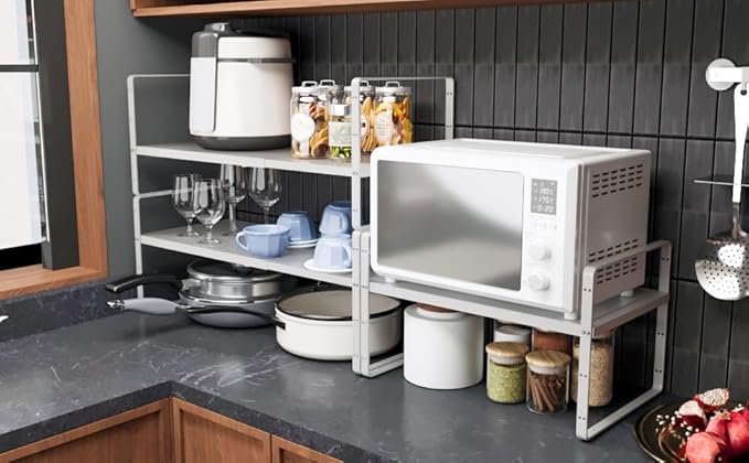 16.5~27.1" Expandable Shelf Organizer, 1Pack 8.1" Wide Stackable Cabinet Shelf Organizers, White Metal Sturdy Kitchen Counter Storage for Countertop, Adjustable Height Spice Rack