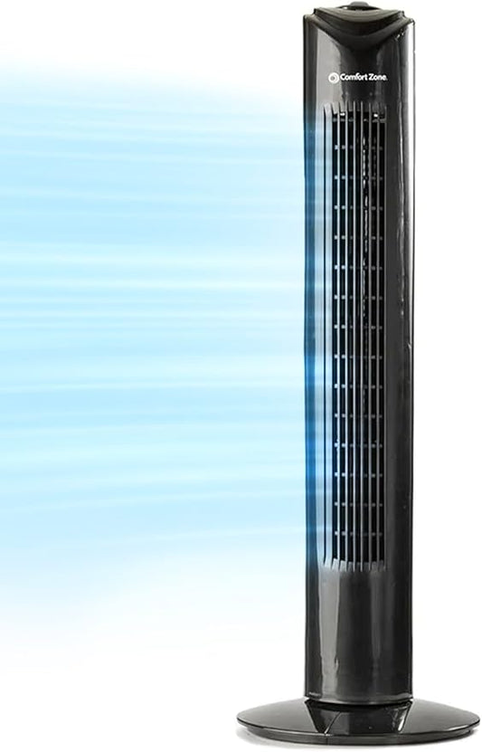 Comfort Zone 32-Inch Bladeless Tower Fan with 3 Speeds, 90° Oscillation, Portable Indoor Stand Fan with Built-In Carry Handle – Quiet Cooling for Bedroom, Black