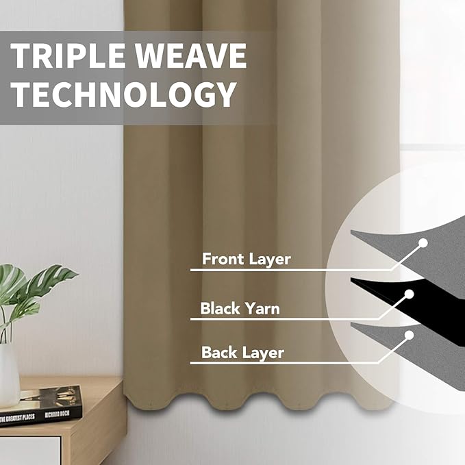 Easy-Going Blackout Curtains for Bedroom, Solid Thermal Insulated Grommet and Noise Reduction Window Drapes, Room Darkening Curtains for Living Room, 2 Panels (52x108 in,Tan)