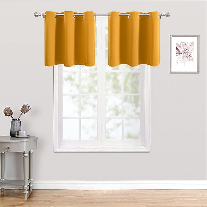 ChrisDowa Small Kitchen Valances for Windows - Grommet Short Thermal Insulated Room Darkening Window Valances Curtains for Living Room (2 Panels, Mustard Yellow, 52 x 18 Inch)