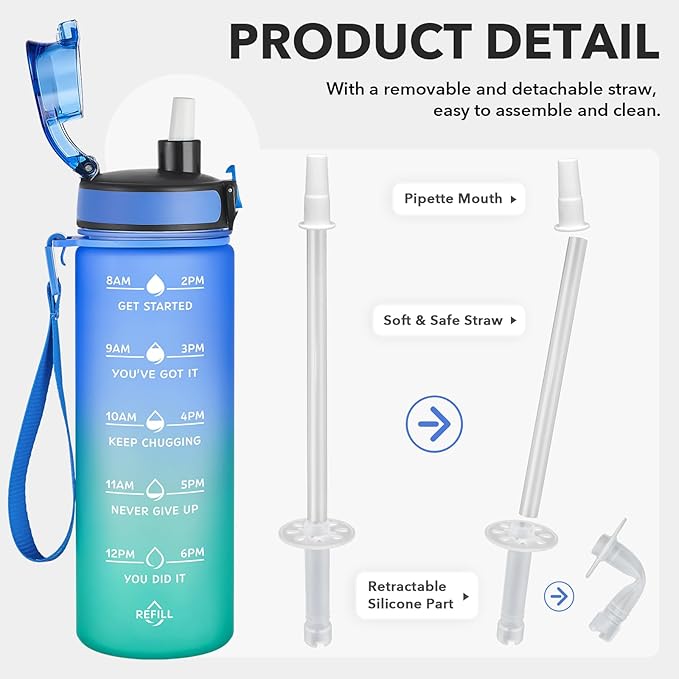 Enerbone Water Bottle, Leakproof BPA & Toxic Free, Motivational Water Bottle with Times to Drink and Straw, Fitness Sports Water Bottle with Strap for Office, Gym, Outdoor Sports