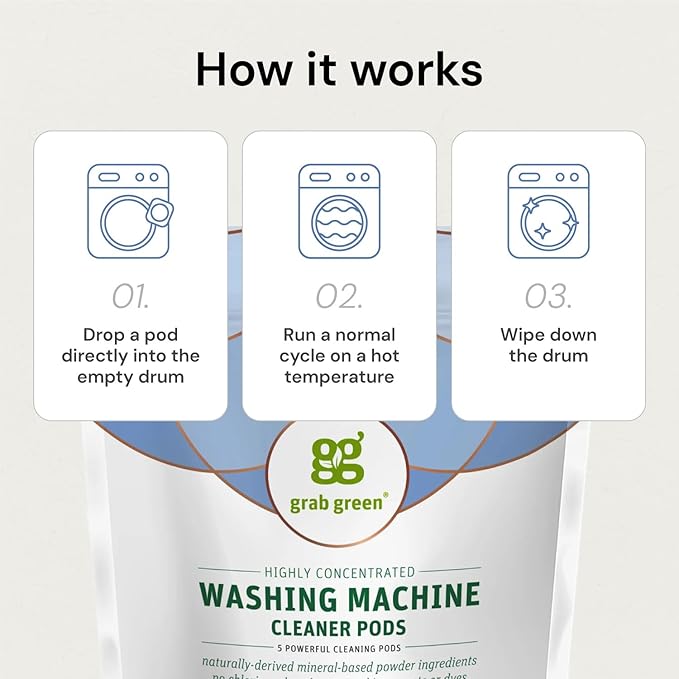 Grab Green Washing Machine Cleaner, 2 Count, Fragrance Free, Mineral Based Removes Deposits and Odors, Naturally Cleans