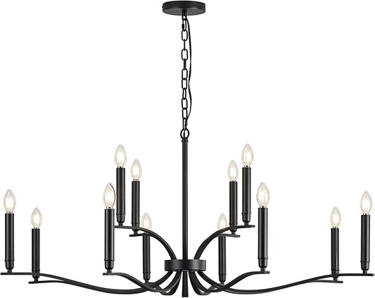 Black Living Room Chandelier 12 Light Hight Ceiling Foyer Candle Chandelier Large Dining Room Light Fixture Over Table 44in Metal Modern Chandeliers Hanging Light for Entry Master Bedroom