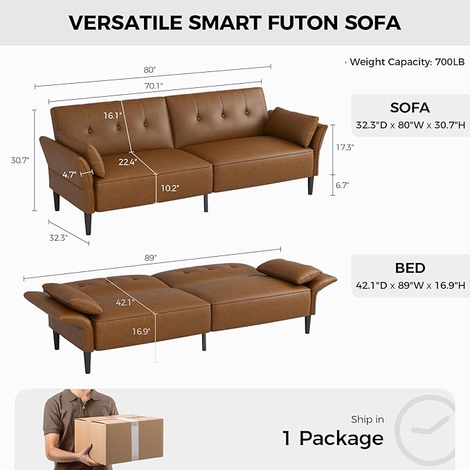 89” Futon Sofa Bed, Faux Leather Futon Couch Bed with 2 Square Pillows, Convertible Sleeper Sofa with Adjustable Backrest& Armrests, Modern Loveseat Sleeper for Living Room, Bedroom, Brown