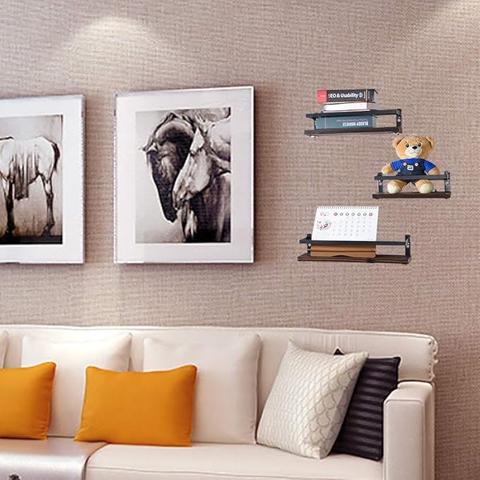 Floating Shelves Rustic Wood Wall Mounted Shelf Practical Metal Fence Design Ideal for Bedroom, Bathroom, Kitchen Set of 3(Brown)