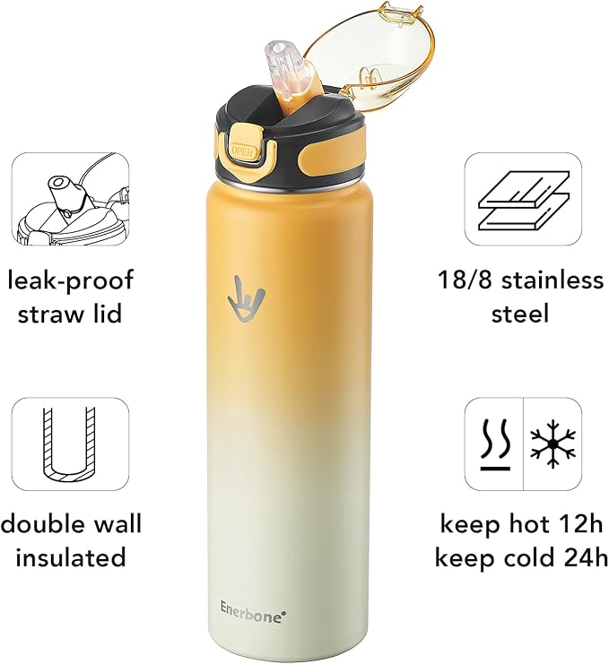 Enerbone 32 oz Insulated Water Bottle, Stainless Steel Bottle with Carrying Strap, Double-Wall Vacuum Insulation Design, Leakproof Sports Bottle with Straw, Keep Drinks Cold or Hot for Hours