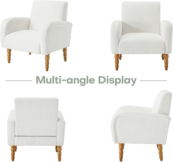 Chenille Fabric Accent Chair, Upholstered Armchair with Solid Wood Legs, Modern Living Room Accent Chair, Comfy Single Sofa Chair Reading Club Chair for Bedroom Reception Lounge, White