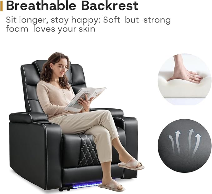 ANJ Power Home Theater Recliner Chair Set of 2, Electric Movie Theater Seating Reclining Chairs with Cup Holders for Living Room, Faux Leather with Blue LED, USB Ports, Hidden Arm Storage (Black)