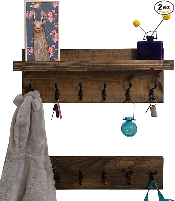 Coat Rack with Shelf Wall Mounted with Storage (Choose Your Length) Towel Rack Entryway Organizer Key Hooks (24" L (6 Hooks) Set of 2)