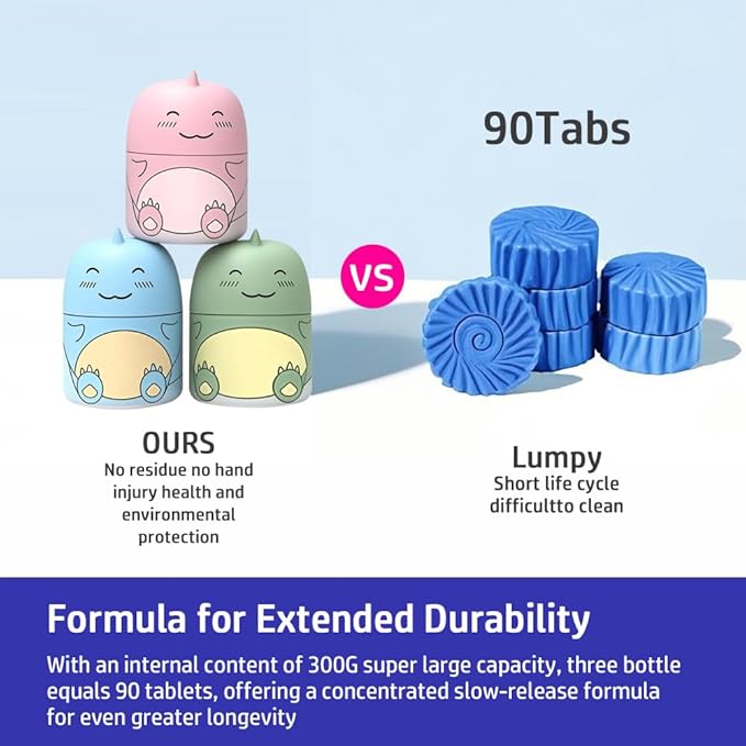 Cute Dinosaur-Shaped Toilet Bowl Cleaner Bottle, Bathroom Toilet Tank Cleaner with Ocean, Jasmine, and Peach Scent,Three bottles can be used for 9 months (1, Three colors and three bottles)