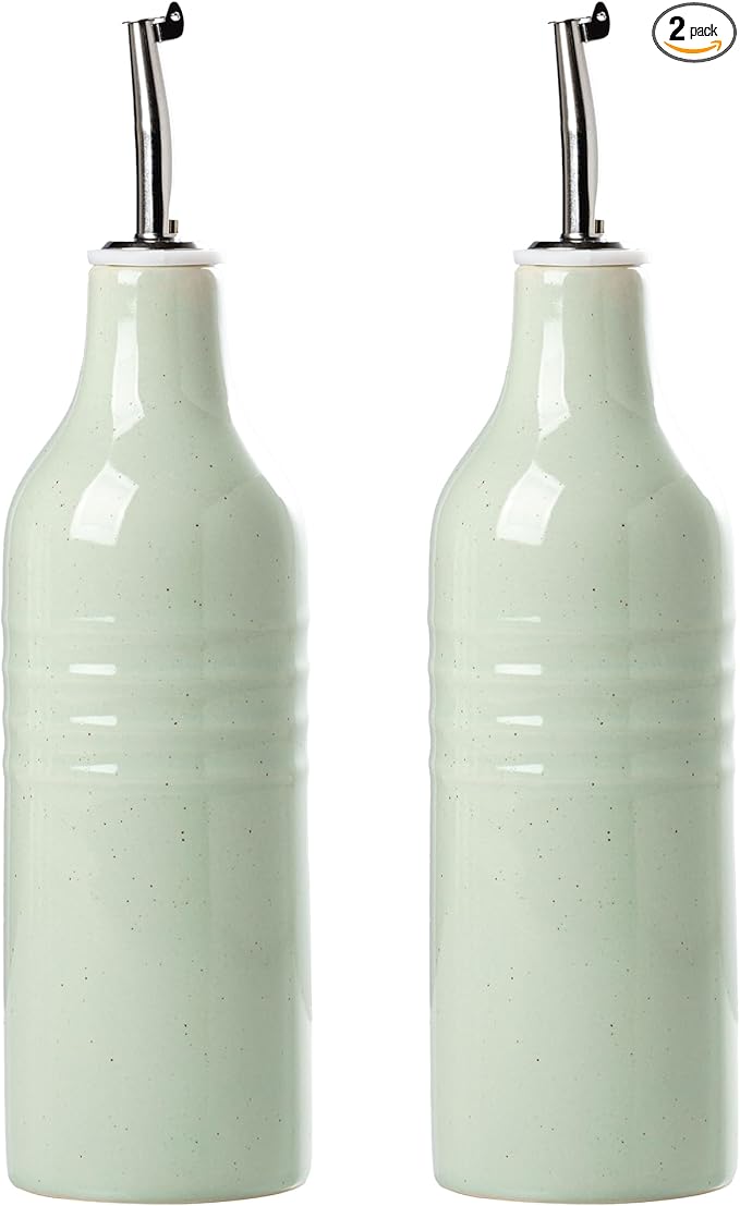 famiware Jupiter 16oz Ceramic Olive Oil Dispenser Bottle, Olive Oil and Vinegar Dispenser Bottle Set of 2 with Stainless Steel Pourers, Suitable for Storage Vinegar, Liquids, Light Green