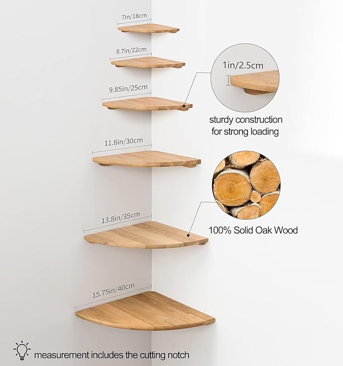 Corner Shelf,16inch Natural Oak Solid Wood Floating Corner Shelves Wall Mount Round End Floating Speaker Rack with Wire Hole for Small Plant for Bedroom Kitchen, Living Room